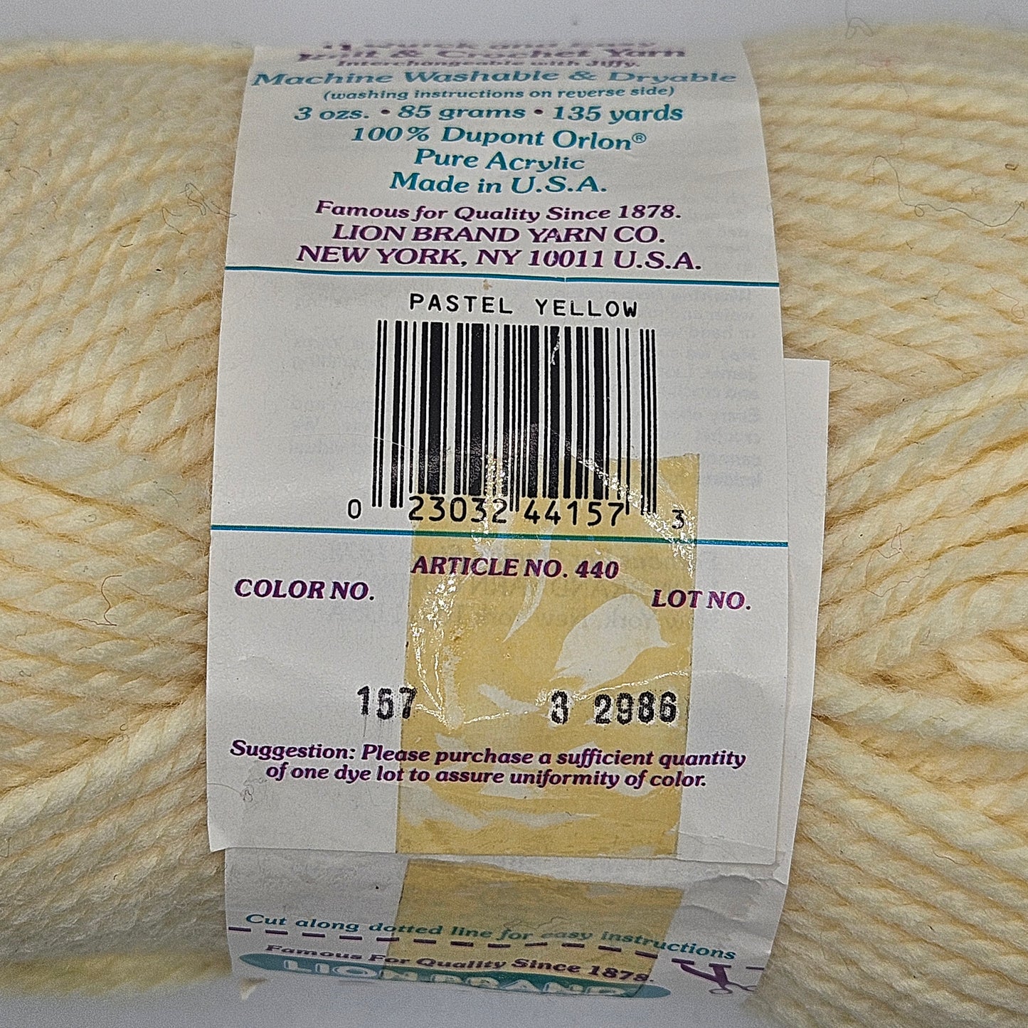 Lion Brand Jiffy Basic Pastel Yellow worsted yarn