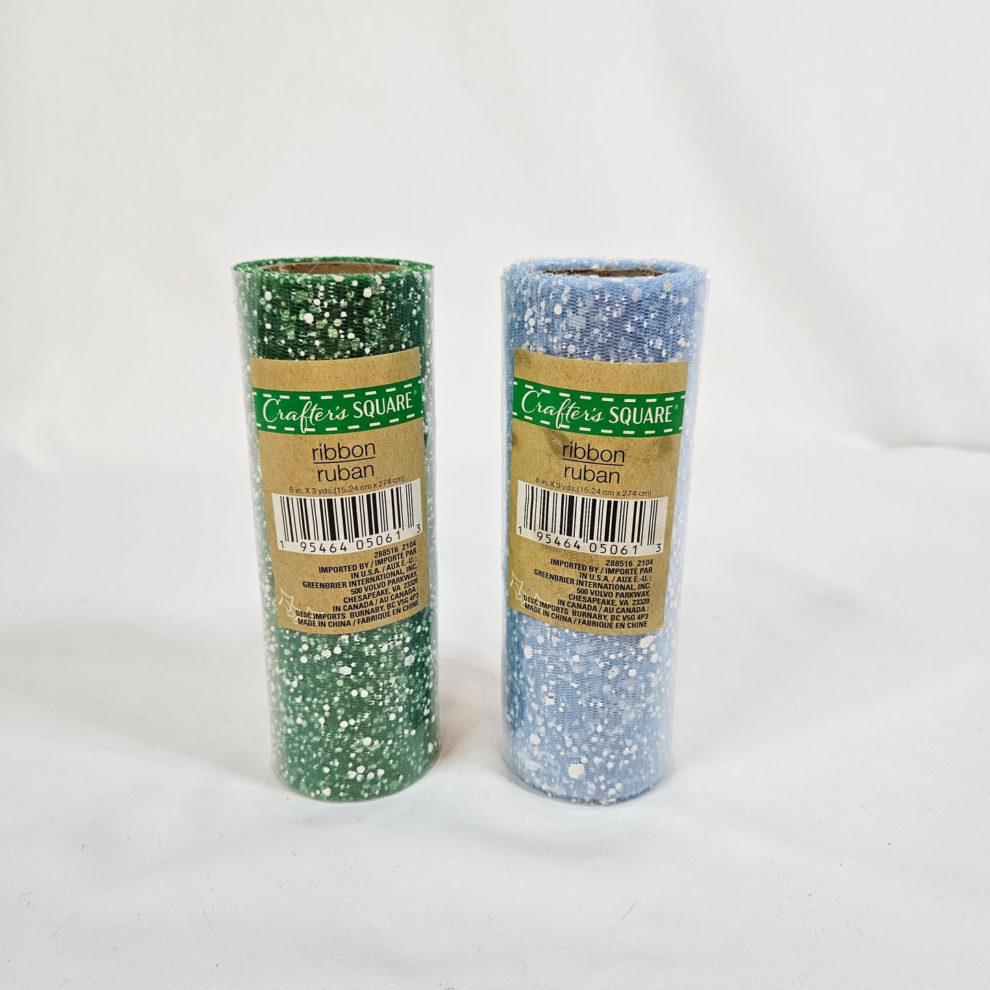 Crafter's Square Mesh ribbon, 2 rolls, 6 in by 3 yard, Light Blue and Green with white splatter