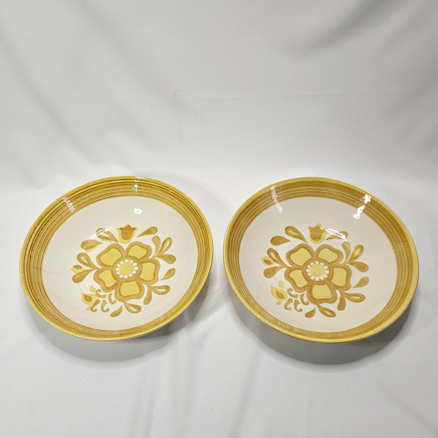 Royal China Cavalier Ironstone, Damsel pattern, two 9" yellow floral serving bowls