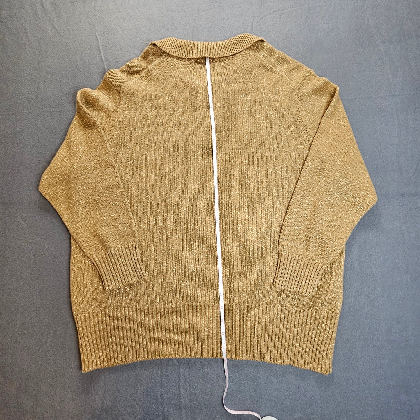 Maggie Sweet long-sleeve sweater with button-up collar, metallic thread accents