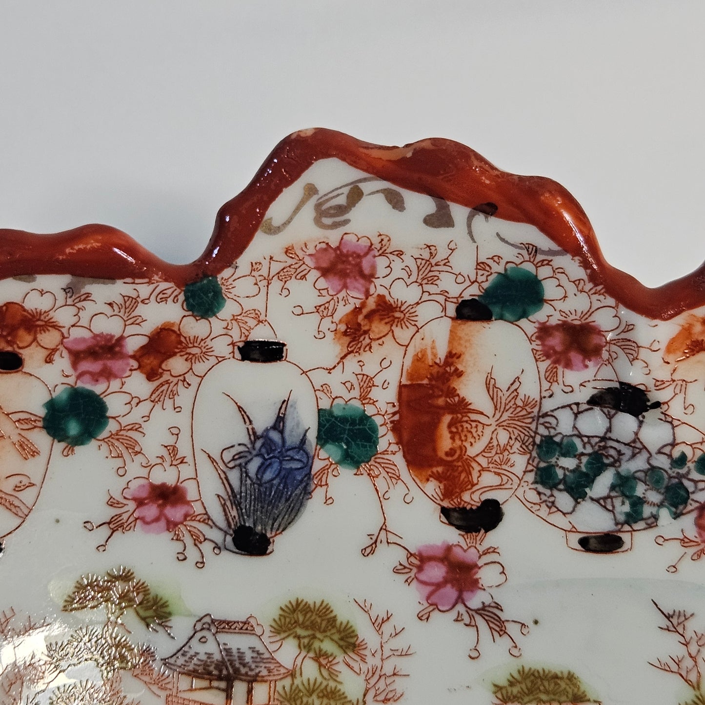 Geisha girl vintage hand painted plate, leaf shaped