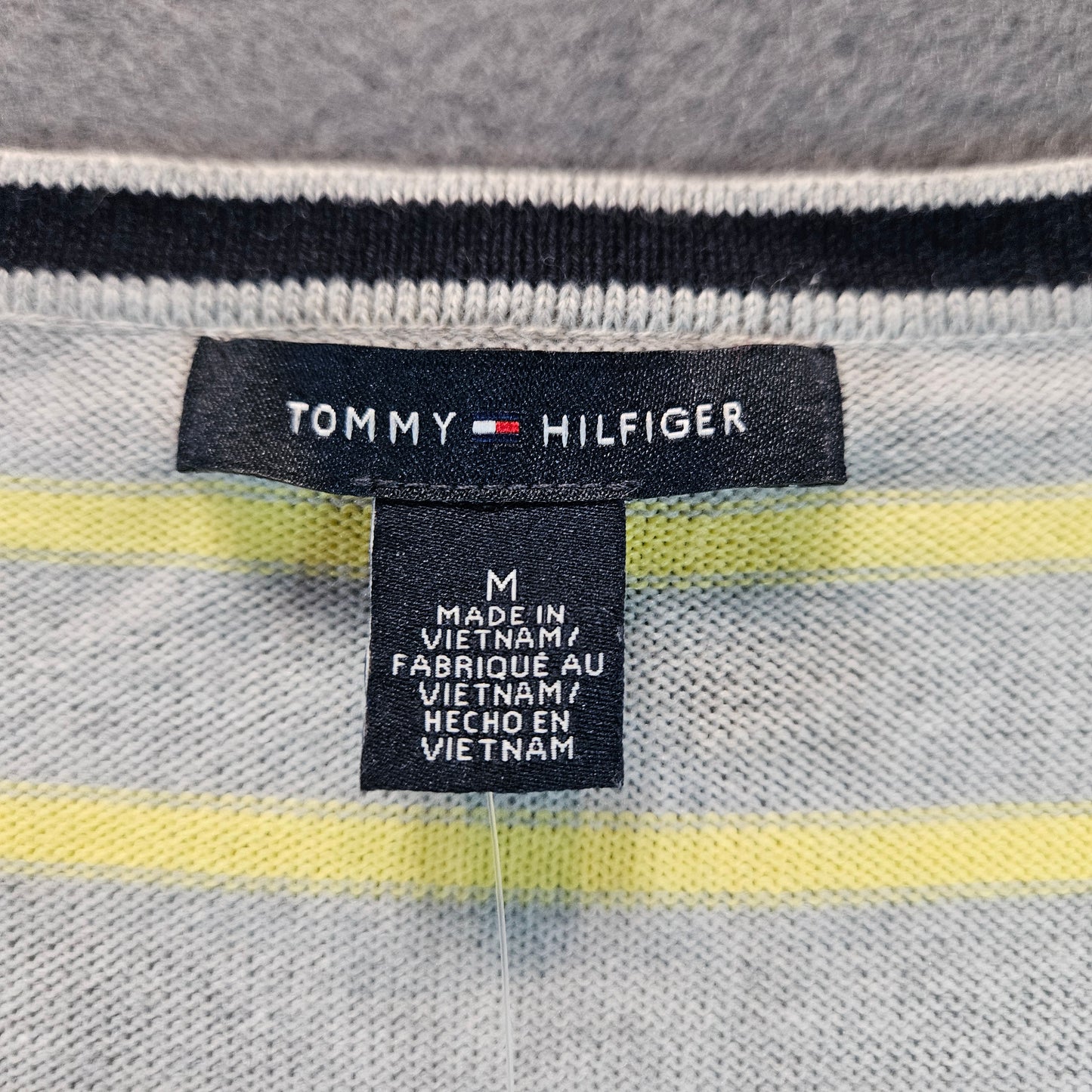 Tommy Hilfiger NWT long-sleeve, v-neck striped sweater, light gray with yellow stripes, medium