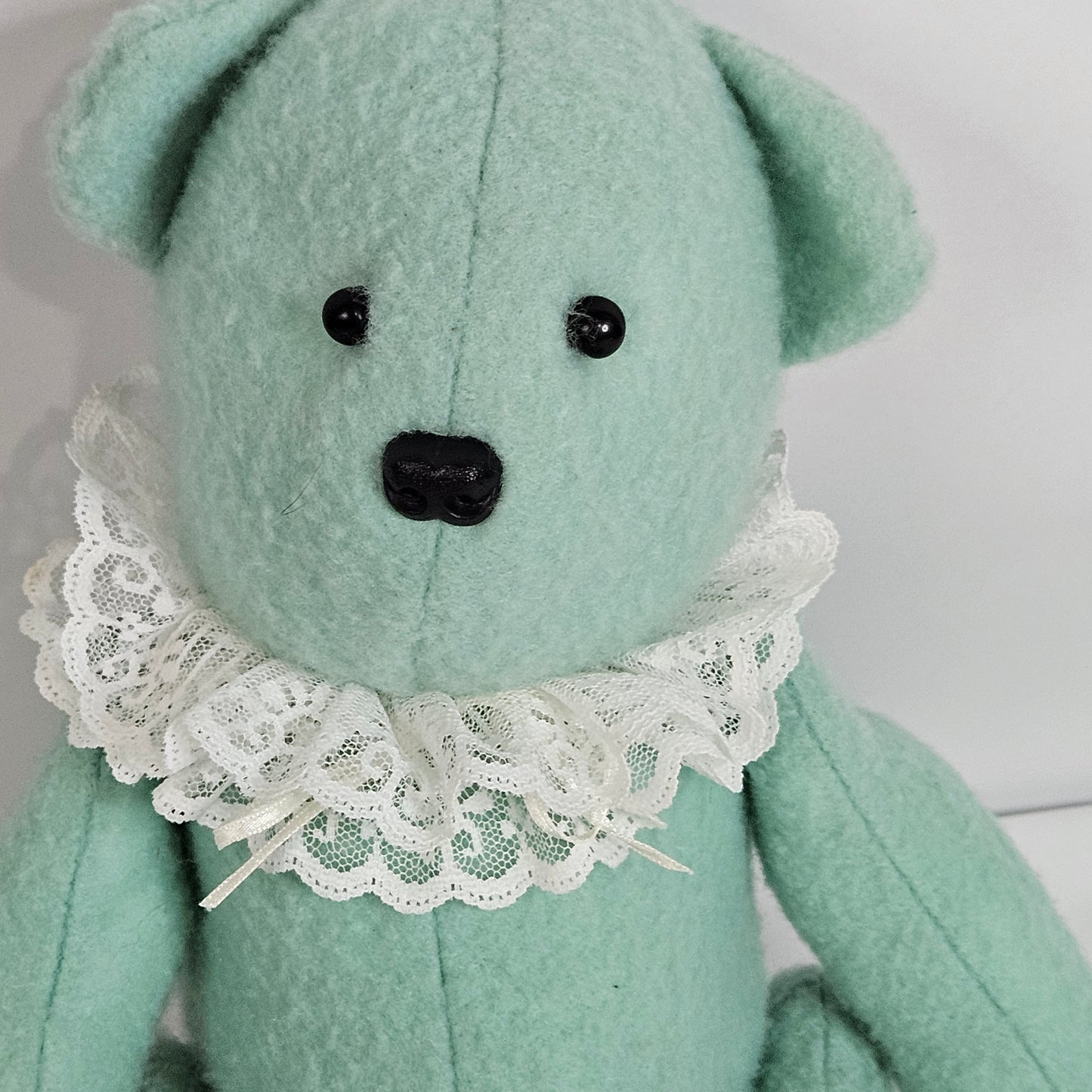 Handmade Vintage Jointed Teddy Bear, Light Blue Green color with lace collar