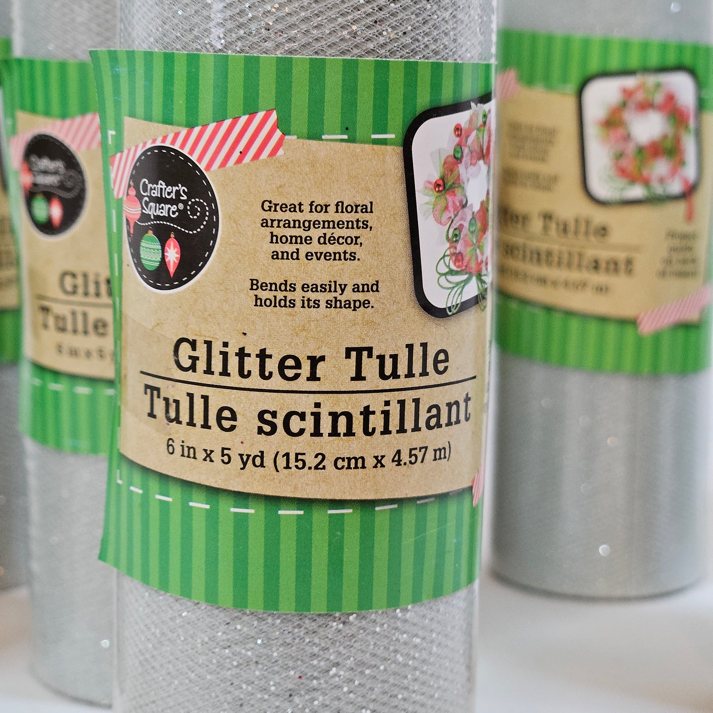Crafter's Square Glitter Tulle decorative mesh ribbon, Lot of 9 rolls, 6 inches x 5 yards