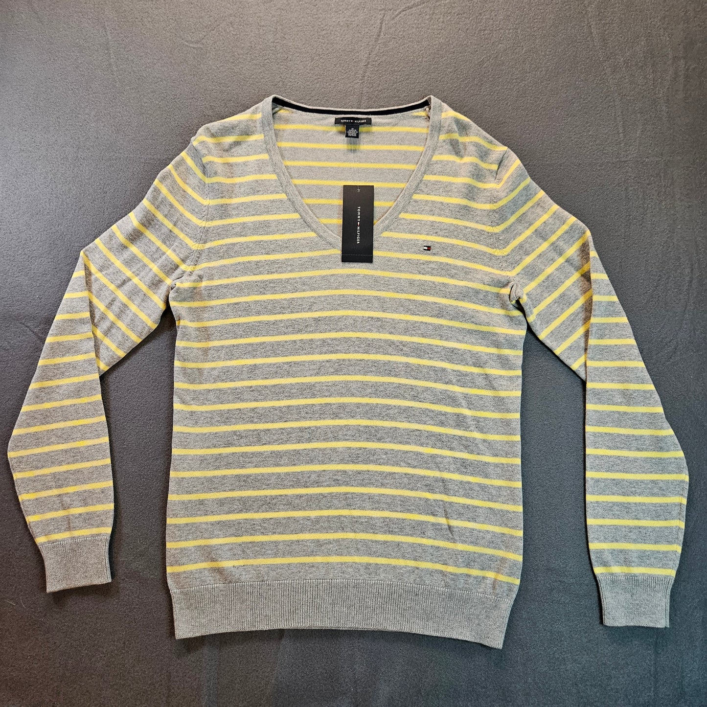 Tommy Hilfiger NWT long-sleeve, v-neck striped sweater, light gray with yellow stripes, medium