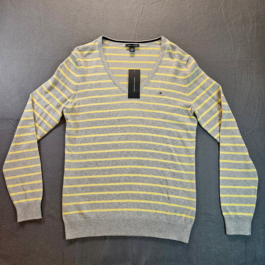 Tommy Hilfiger NWT long-sleeve, v-neck striped sweater, light gray with yellow stripes, medium