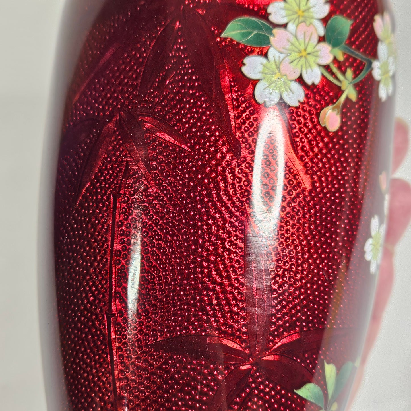 Vintage Japanese ginbari cloisonné vase, pigeon blood red enamel, 7"