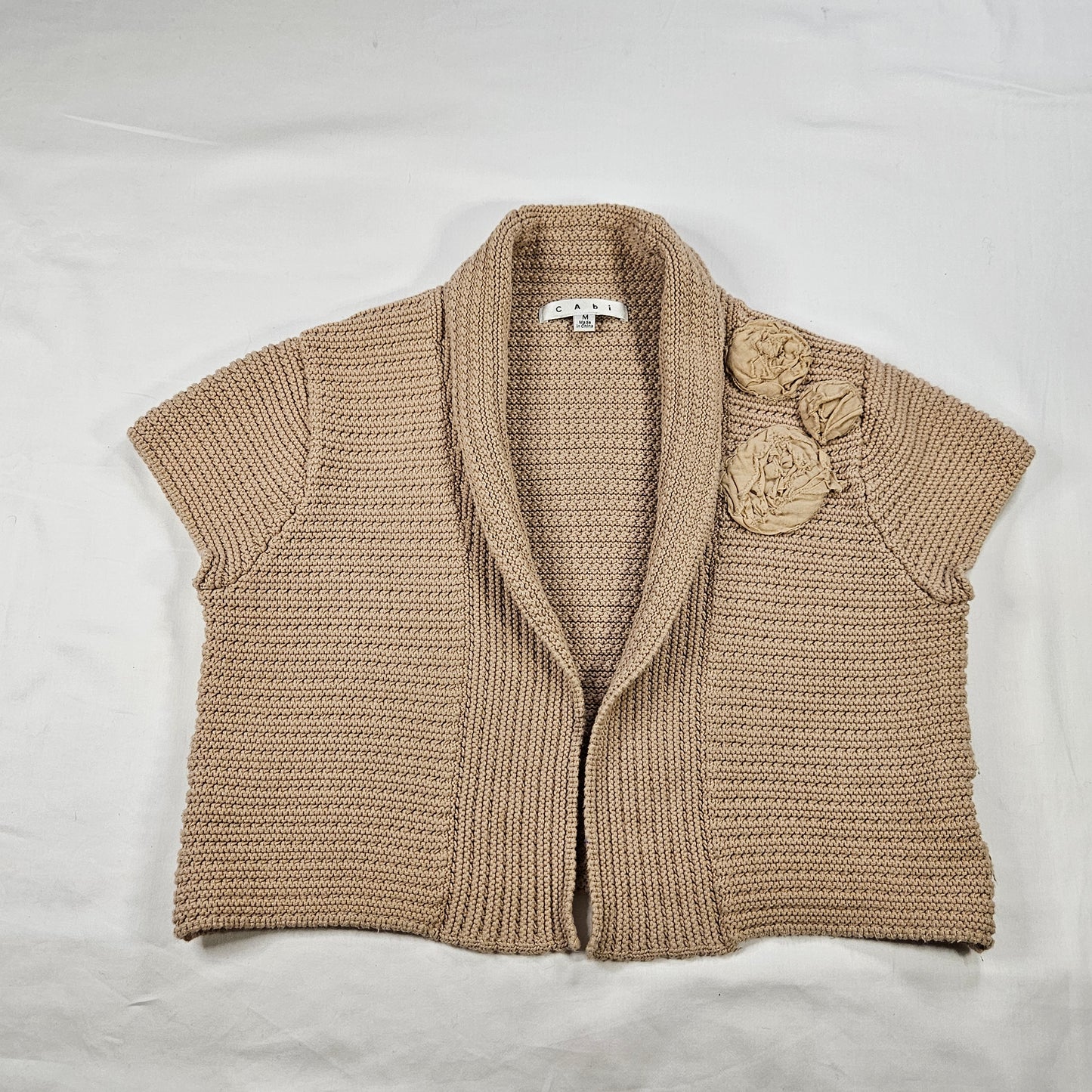CAbi Beige knit shrug, 100% cotton with fabric rosettes, Medium