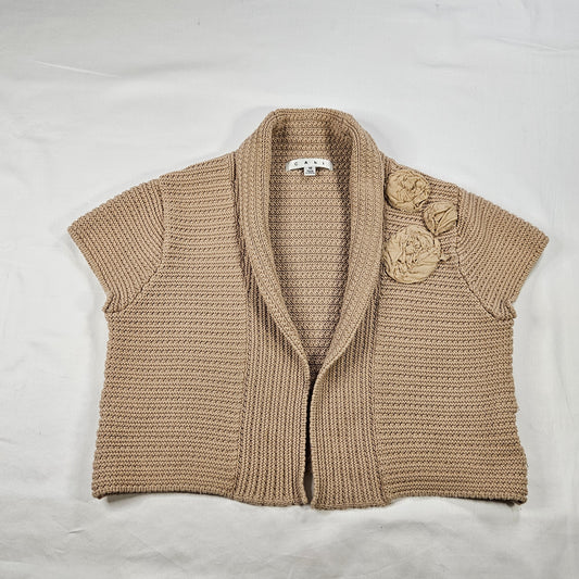 CAbi Beige knit shrug, 100% cotton with fabric rosettes, Medium