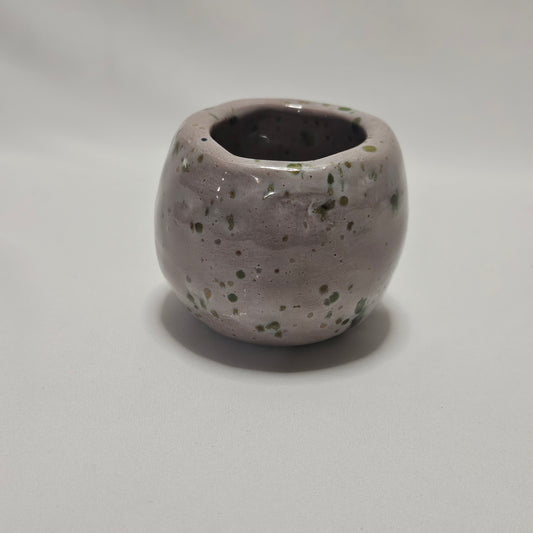 Handmade small primitive bowl, Pink and Green glaze, signed M.R.
