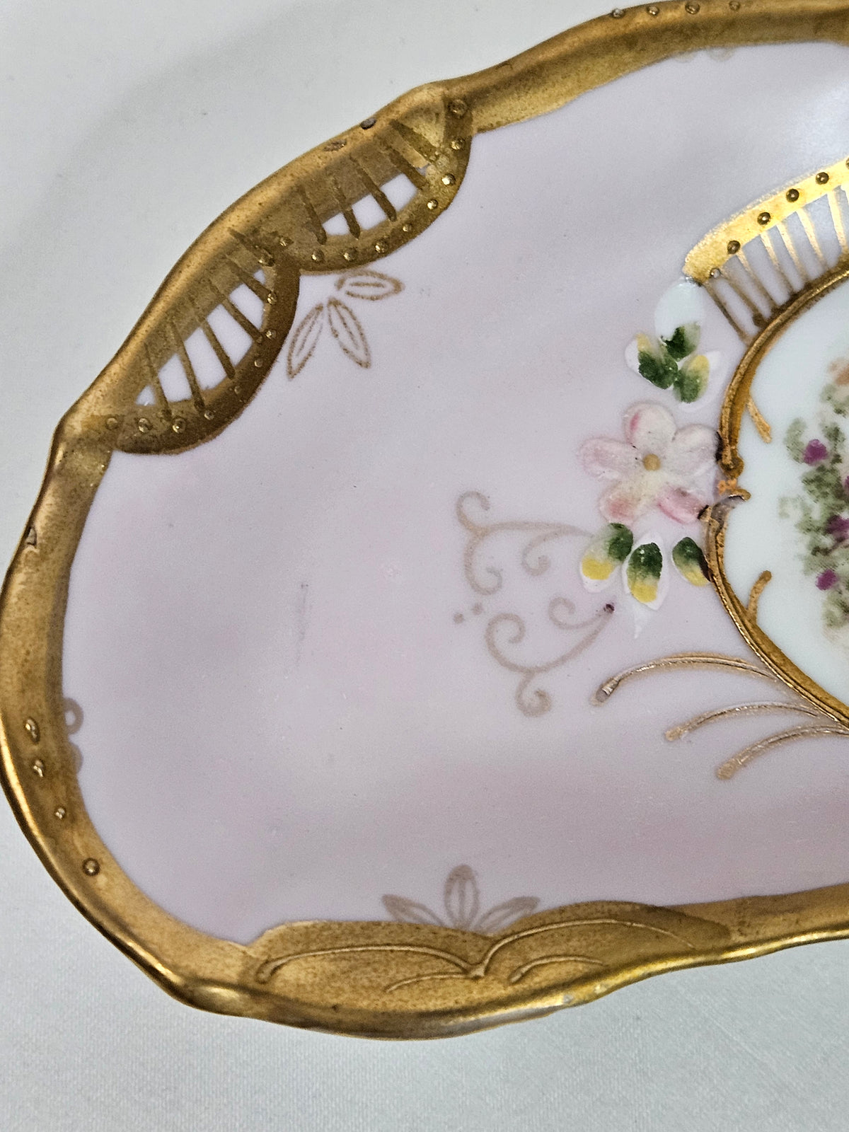 Vintage Ardalt Lenwile Fine China lavender and gold hand painted crescent dish