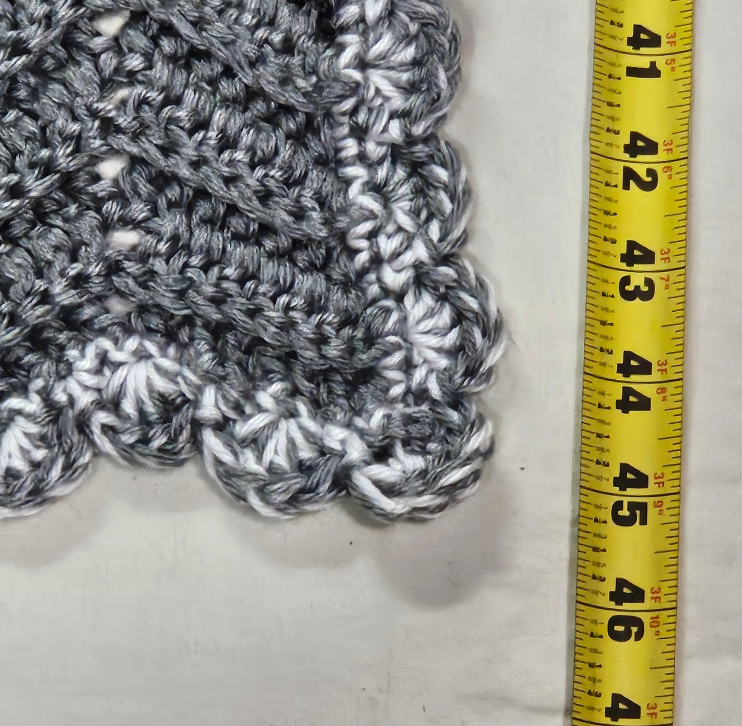 Handmade crochet heavy blanket in black, white, and grey, 45" x 39"