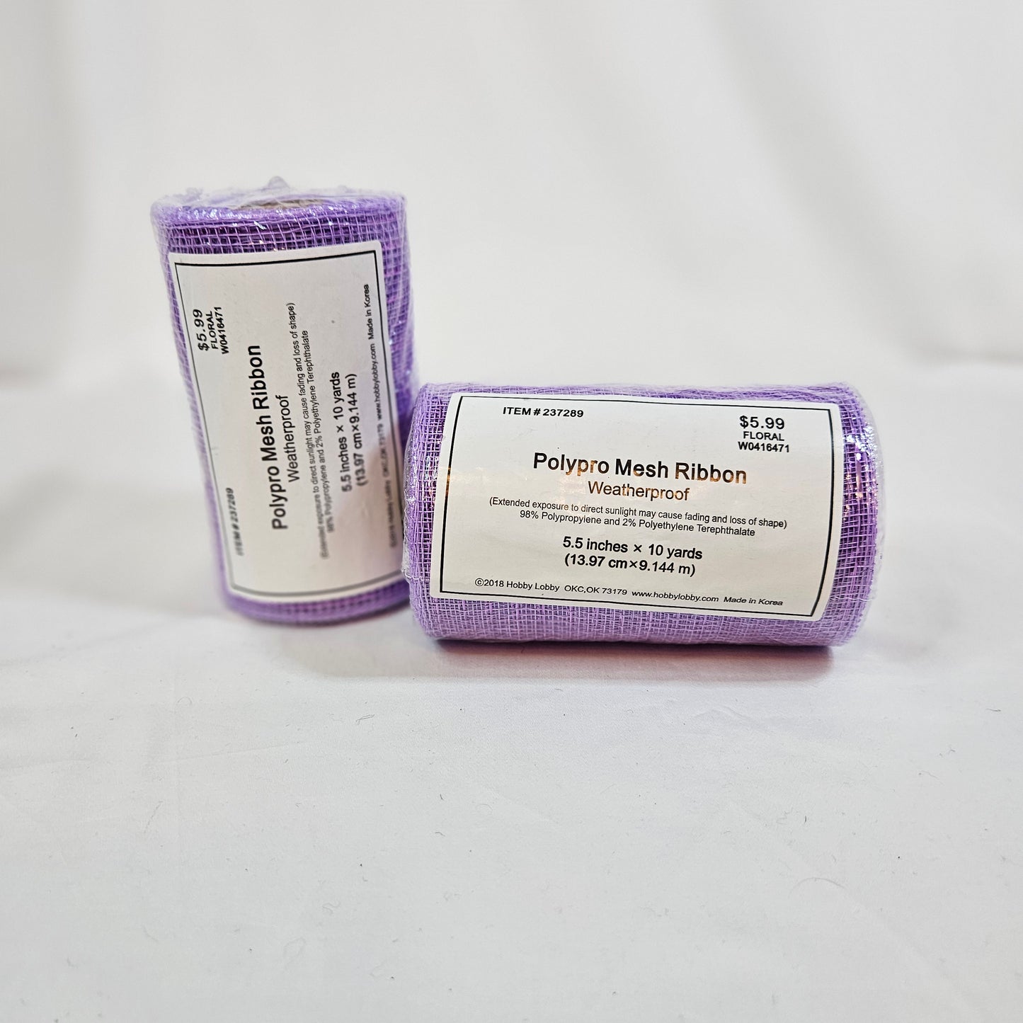Lot of Polypro Mesh ribbon, Hobby Lobby, 4 rolls, White/Purple, 5.5 inch
