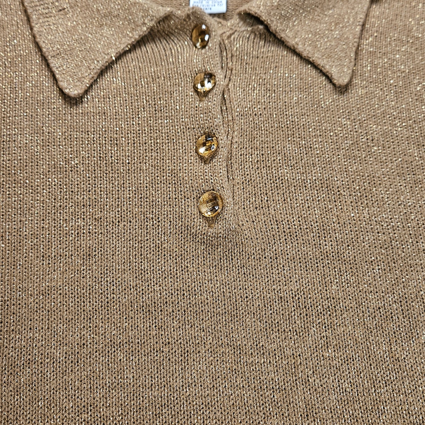 Maggie Sweet long-sleeve sweater with button-up collar, metallic thread accents