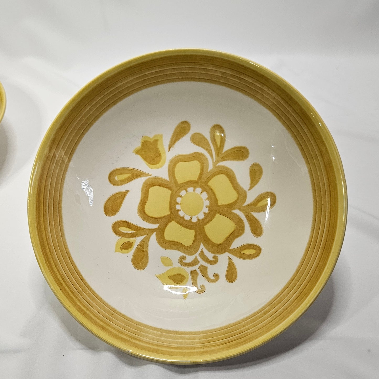 Royal China Cavalier Ironstone, Damsel pattern, two 9" yellow floral serving bowls