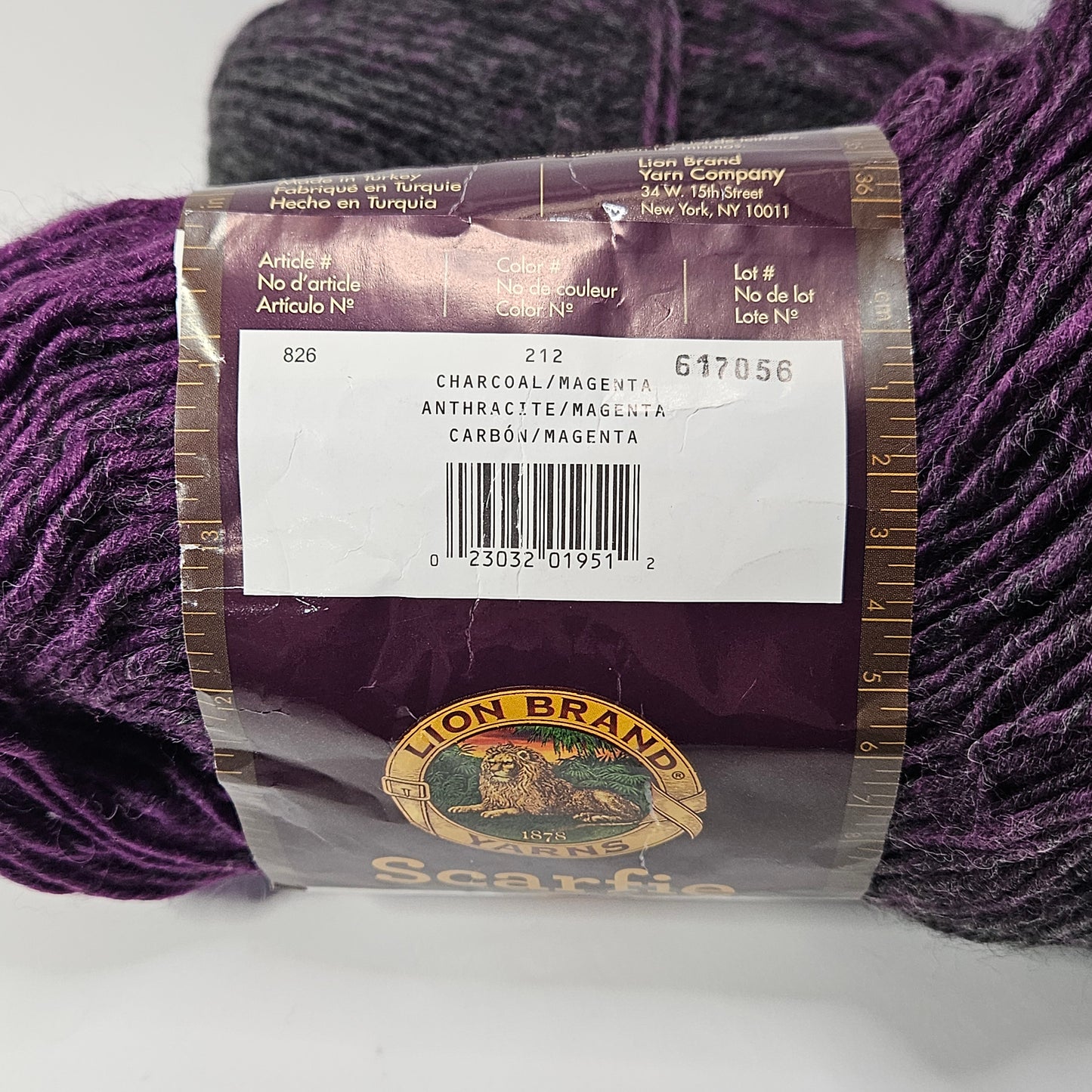 Lion Brand Scarfie yarn, Charcoal/Magenta, 1 1/2 skeins, 5 bulky