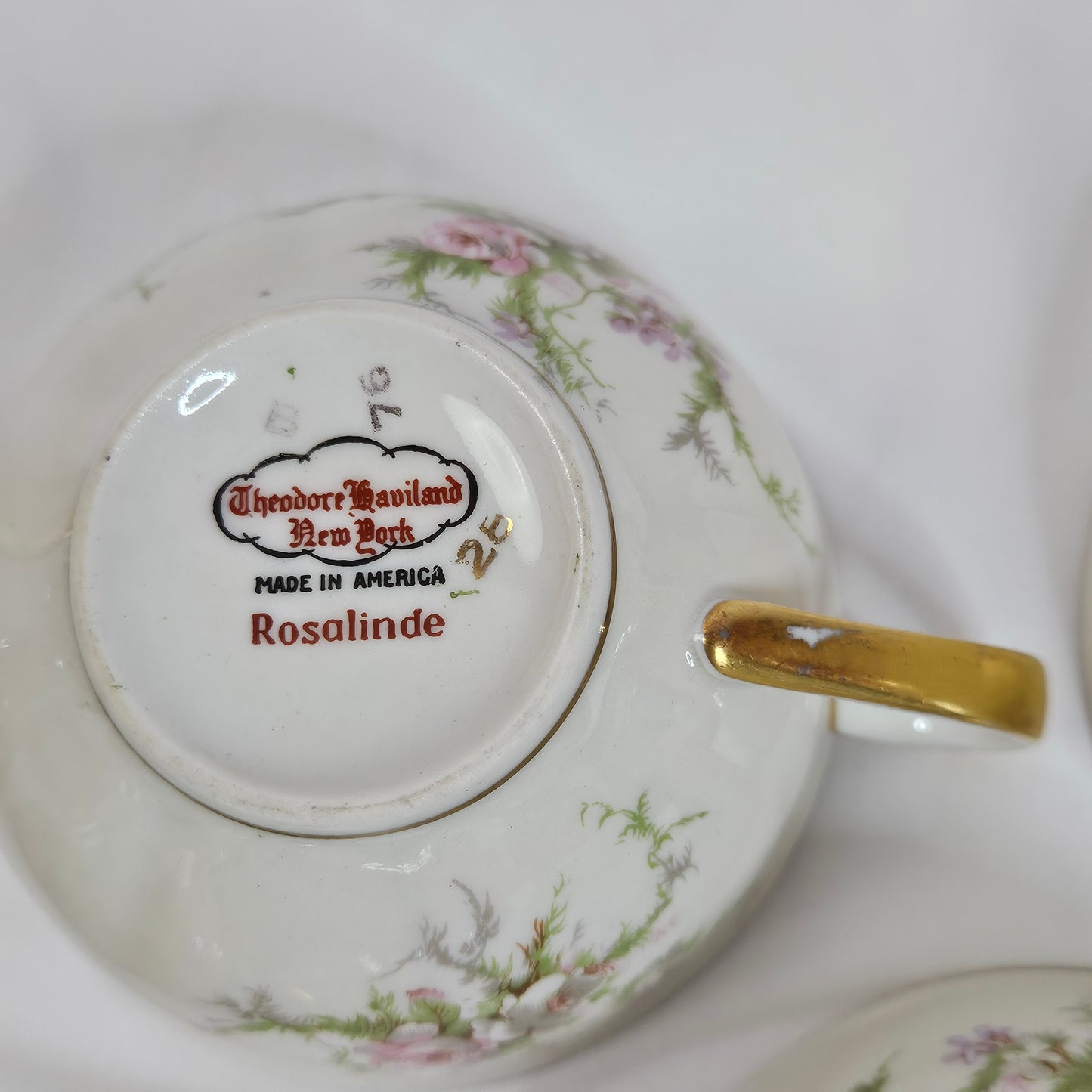 Haviland New York Rosalinde cups, cream floral with gold trim, made in America, set of 6