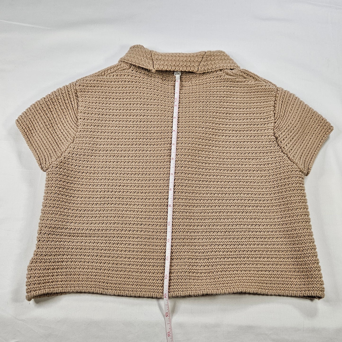 CAbi Beige knit shrug, 100% cotton with fabric rosettes, Medium