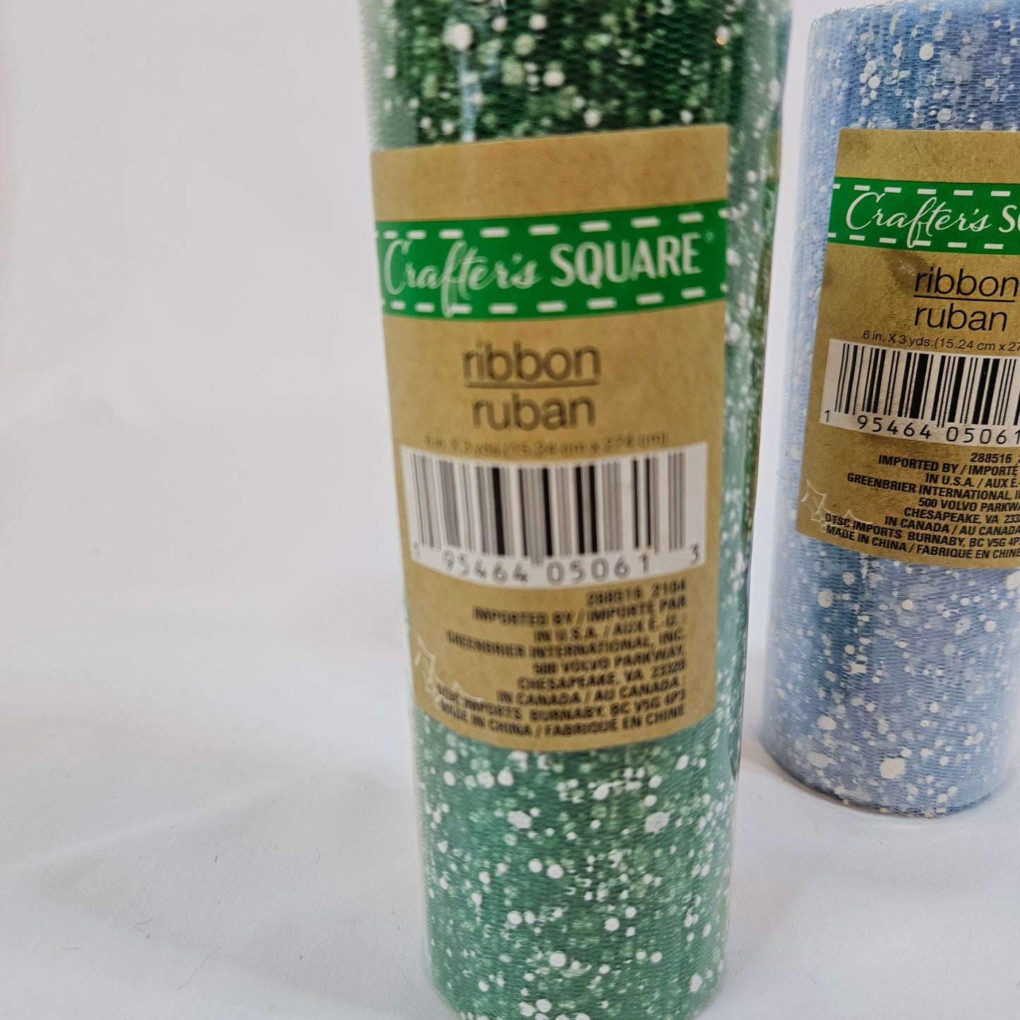 Crafter's Square Mesh ribbon, 2 rolls, 6 in by 3 yard, Light Blue and Green with white splatter
