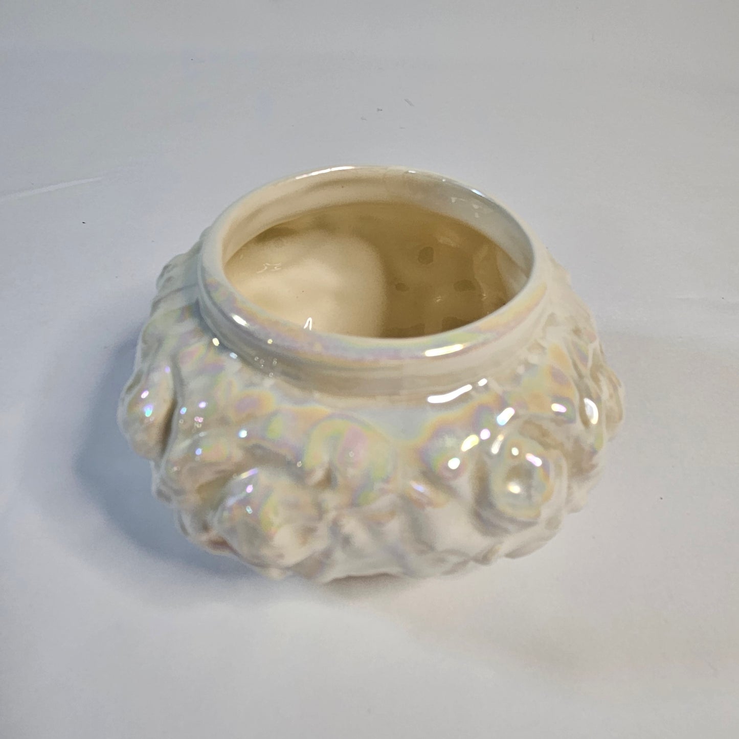Vintage porcelain trinket box, iridescent white, rose pattern