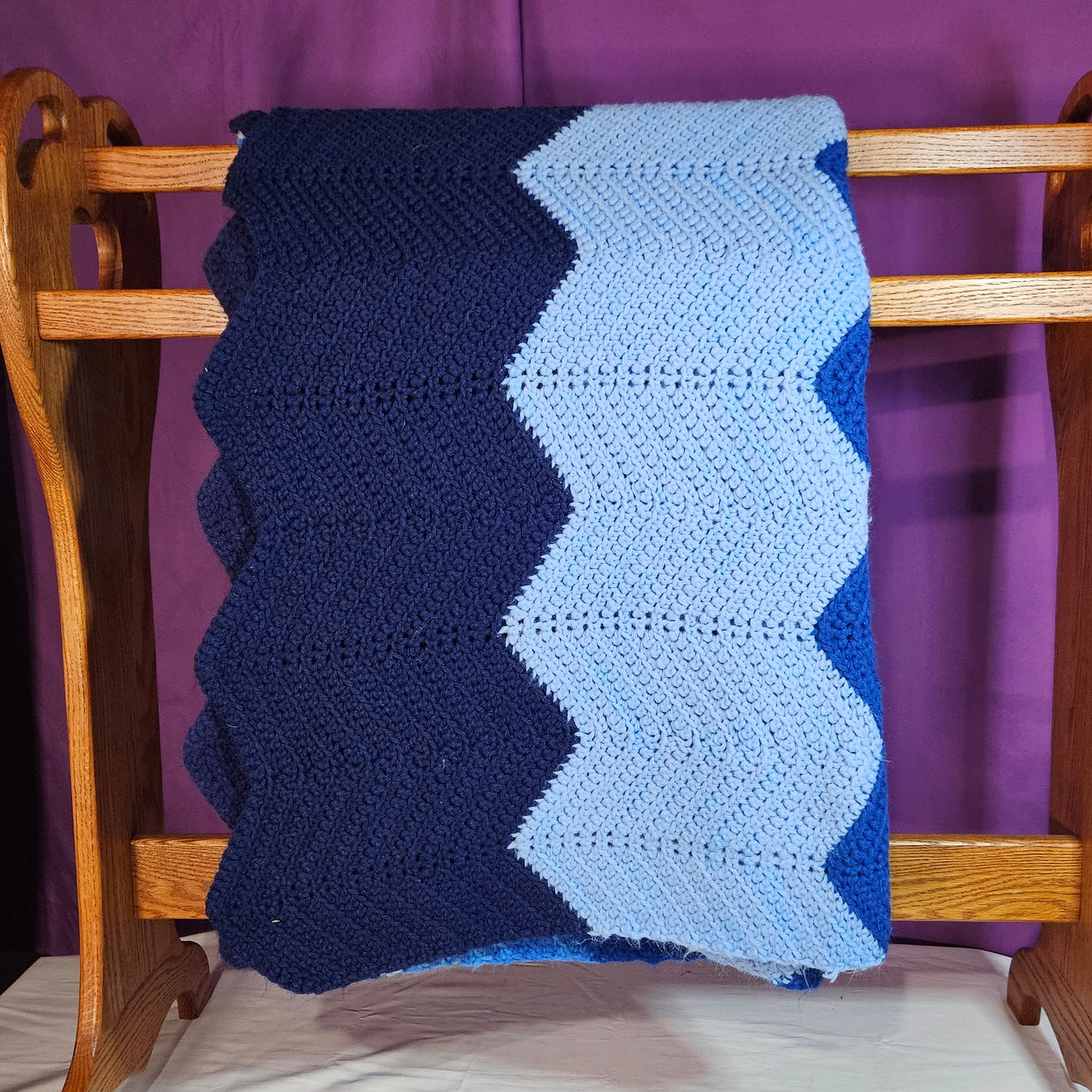 Handmade, large crochet blanket, blue ripple stitch stripes, 71" x 40"
