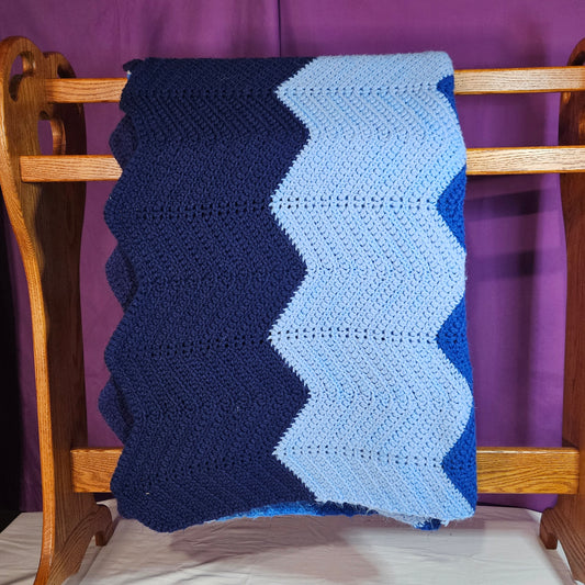 Handmade, large crochet blanket, blue ripple stitch stripes, 71" x 40"