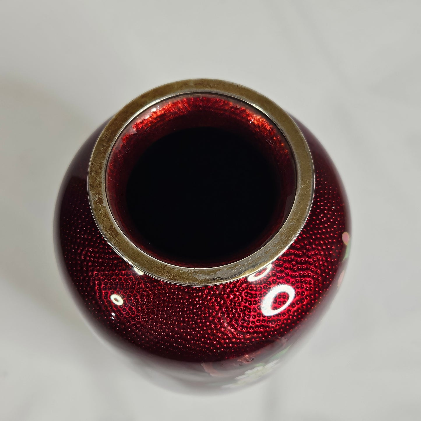 Vintage Japanese ginbari cloisonné vase, pigeon blood red enamel, 7"