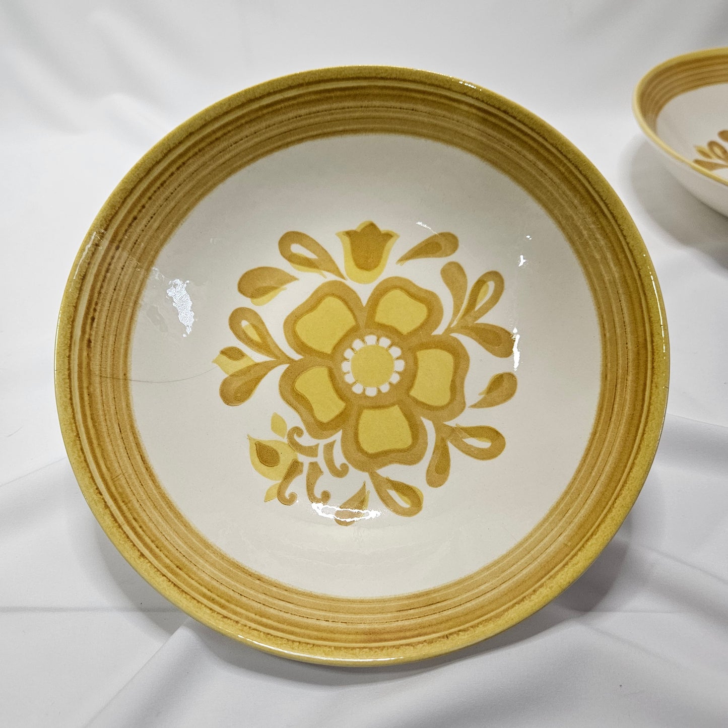 Royal China Cavalier Ironstone, Damsel pattern, two 9" yellow floral serving bowls