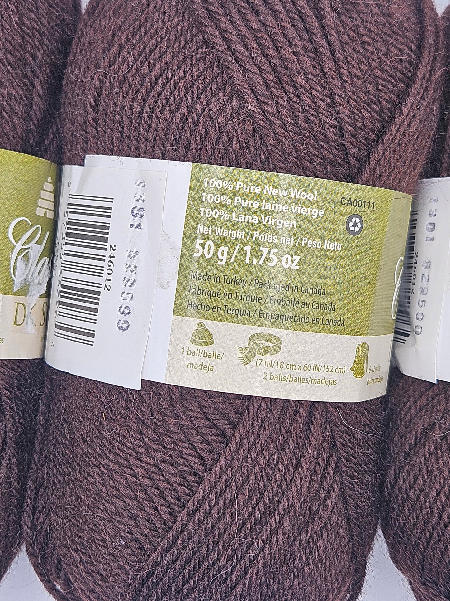 Patons Classic Wool DK Superwash Mocha 3 Skeins 1.75 oz/125 yds ea