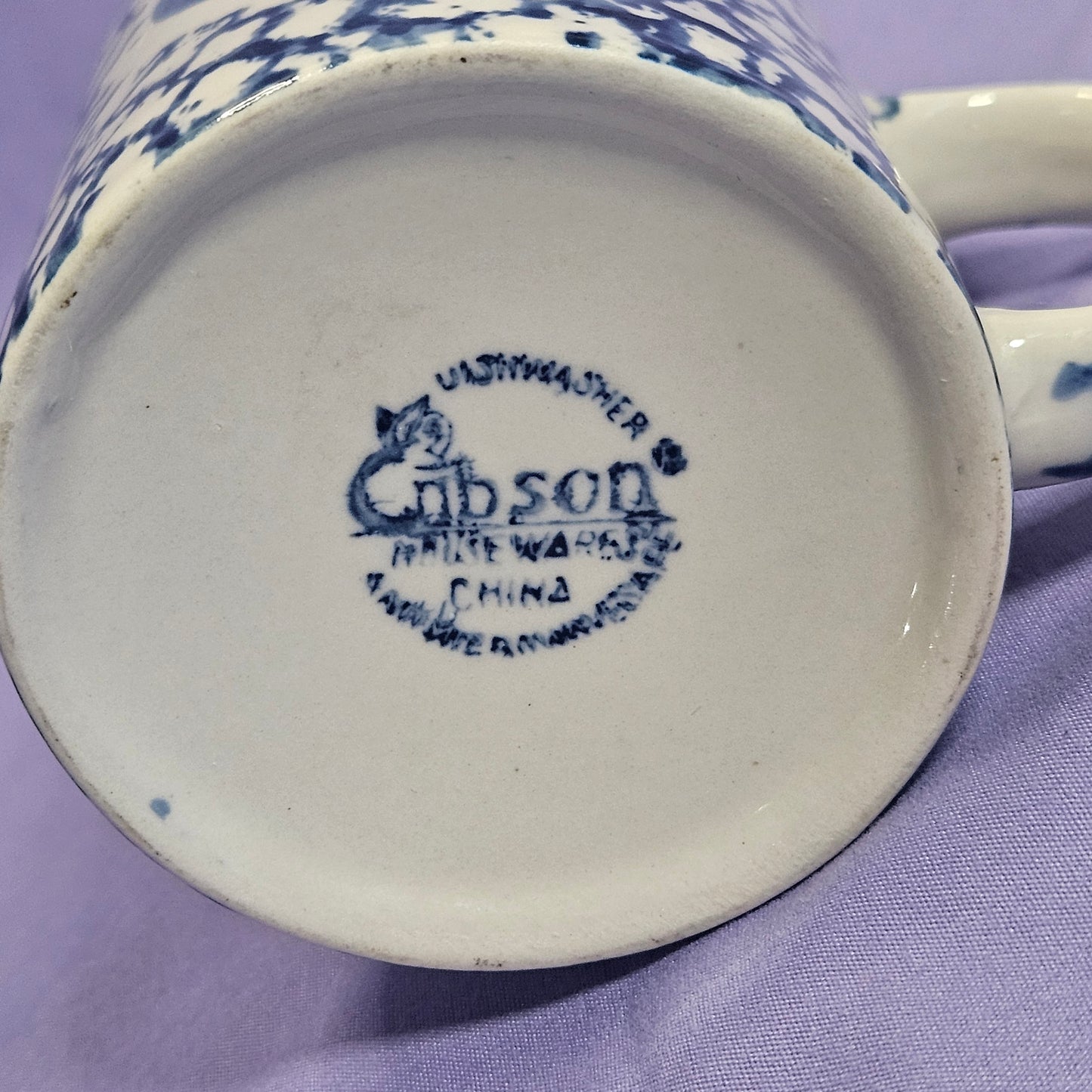 Gibson blue spongeware ceramic cup with heart motif