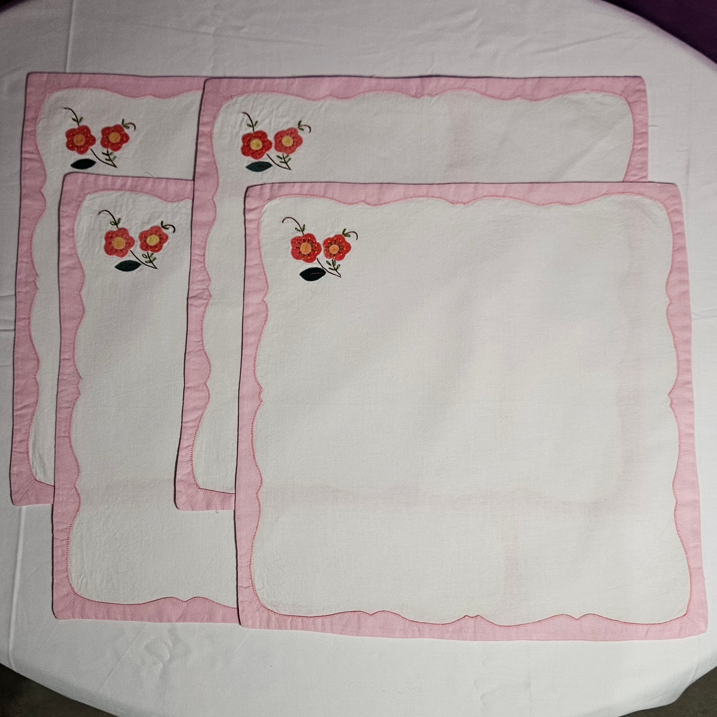 Vintage Placemat and Napkin set, appliqué pink flower and embroidery, 4 each