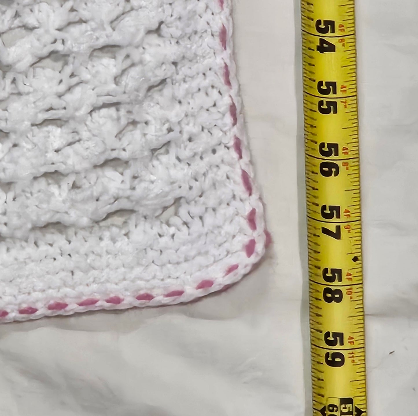 Handmade crochet blanket, lacy white stitch with flower embellishments, 58" x 51"