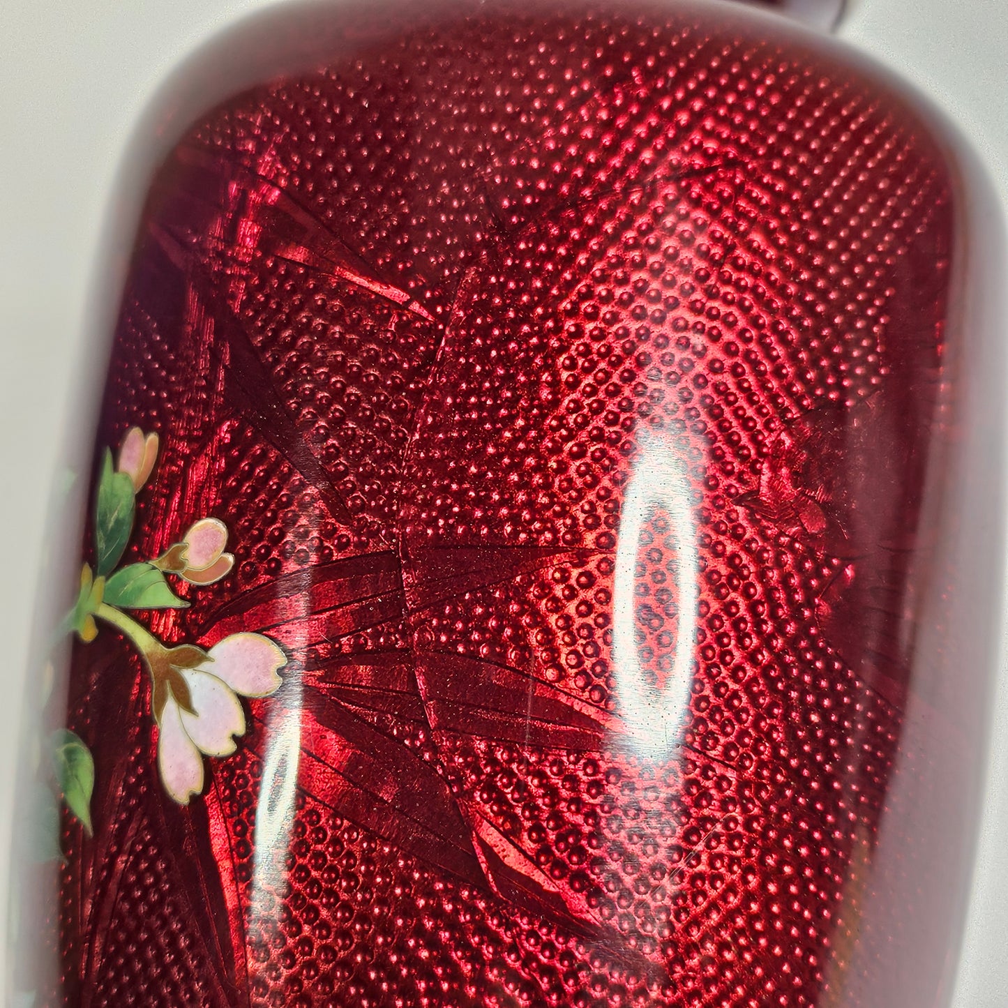 Vintage Japanese ginbari cloisonné vase, pigeon blood red enamel, 7"