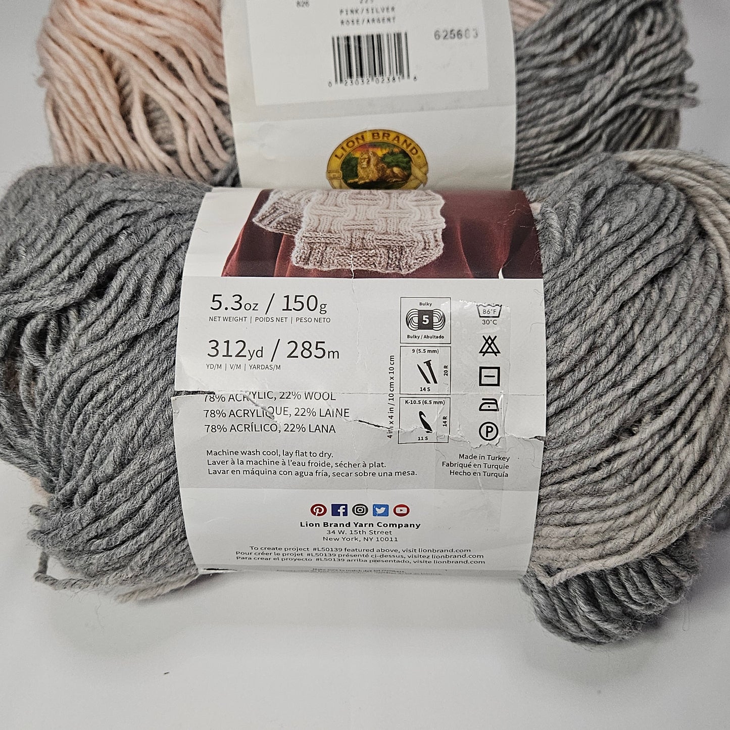 Lion Brand Scarfie yarn, Pink/Silver, 5 bulky