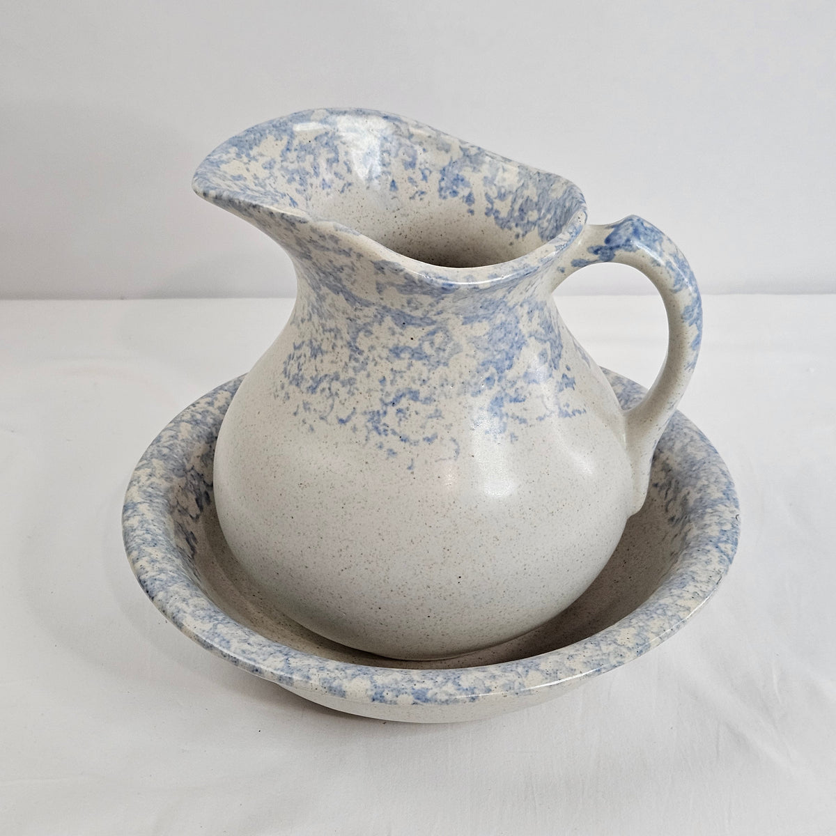 Vintage RRP Company Blue Spongeware pitcher and bowl set