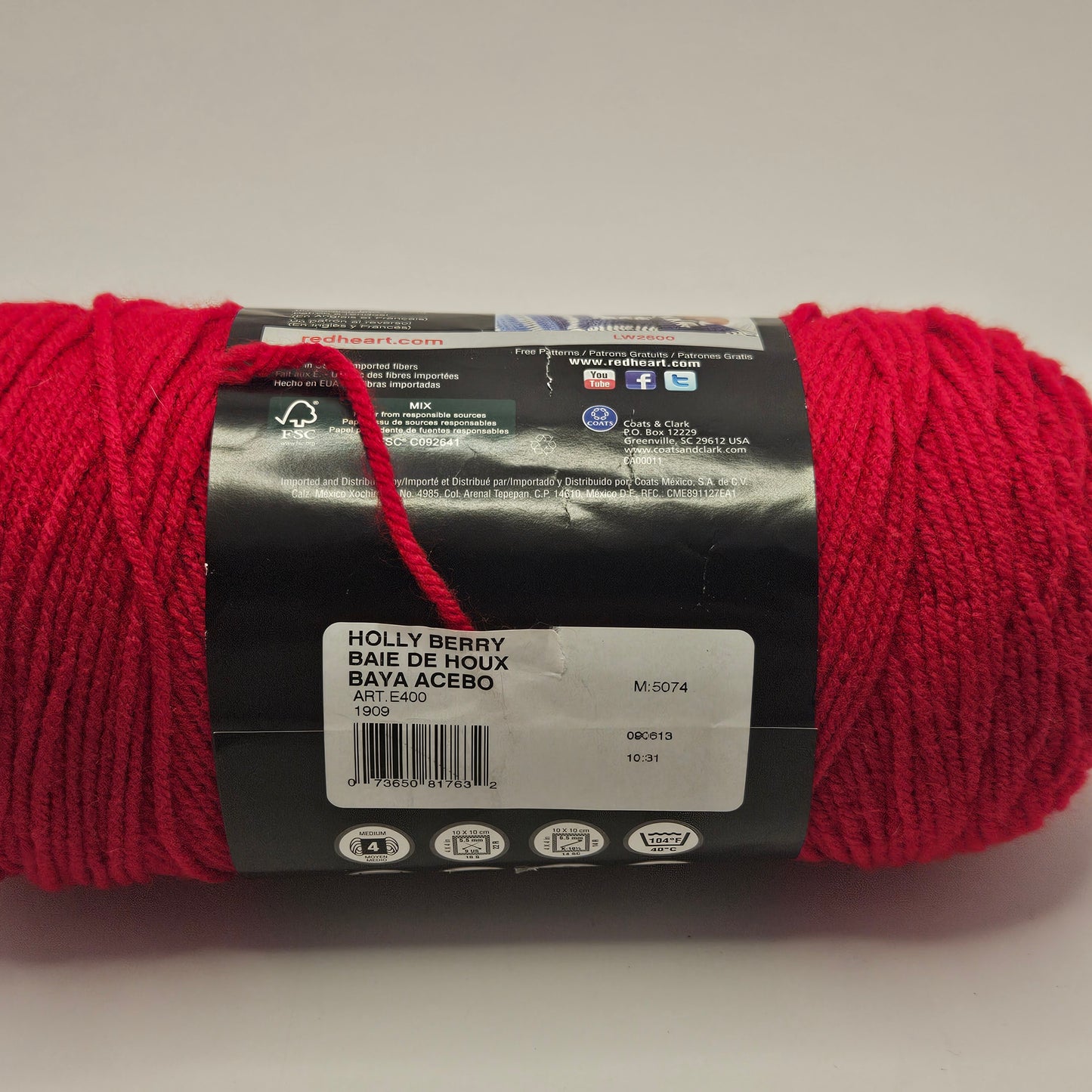Red Heart With Love Yarn 5.6 oz Skein Acrylic Color Holly Berry