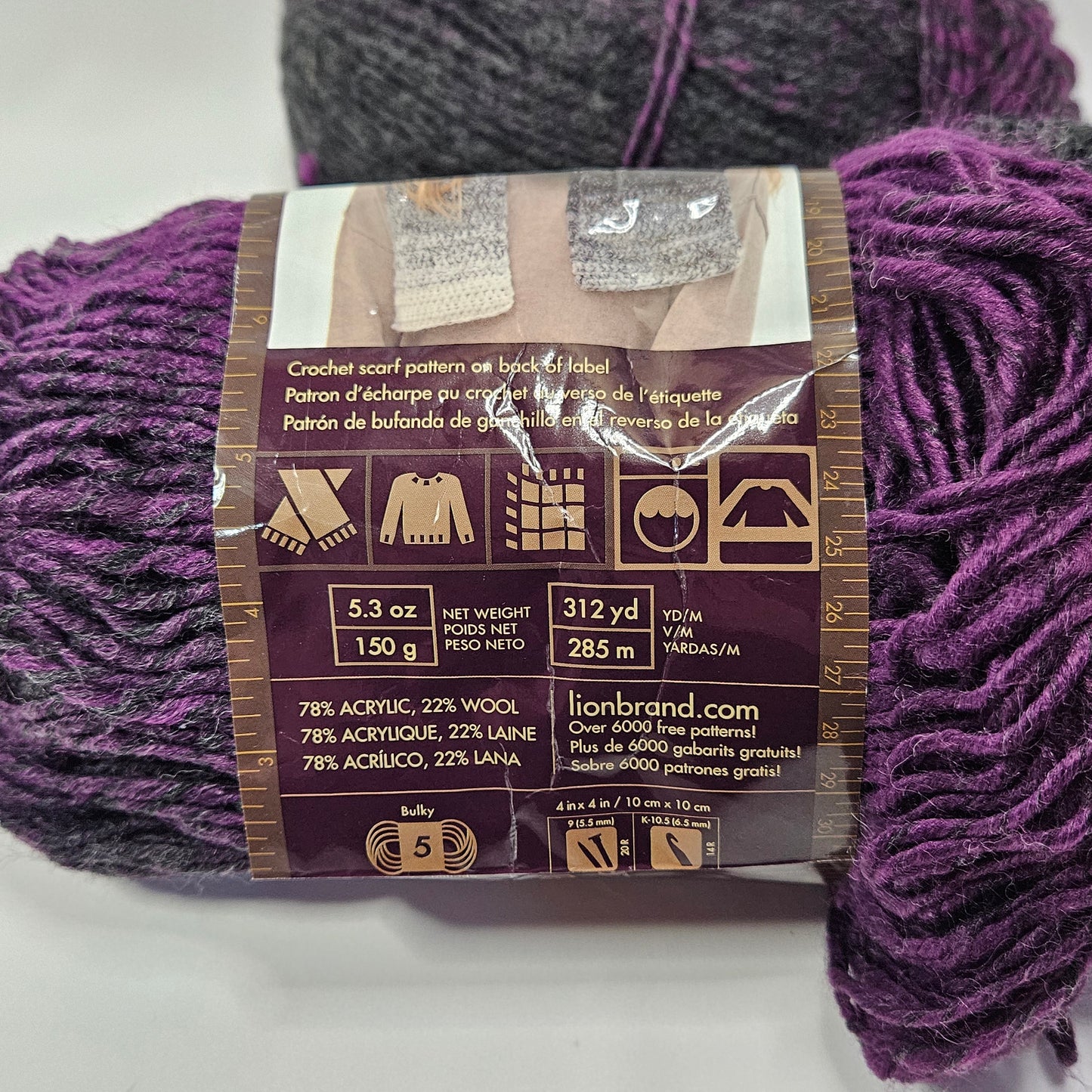 Lion Brand Scarfie yarn, Charcoal/Magenta, 1 1/2 skeins, 5 bulky