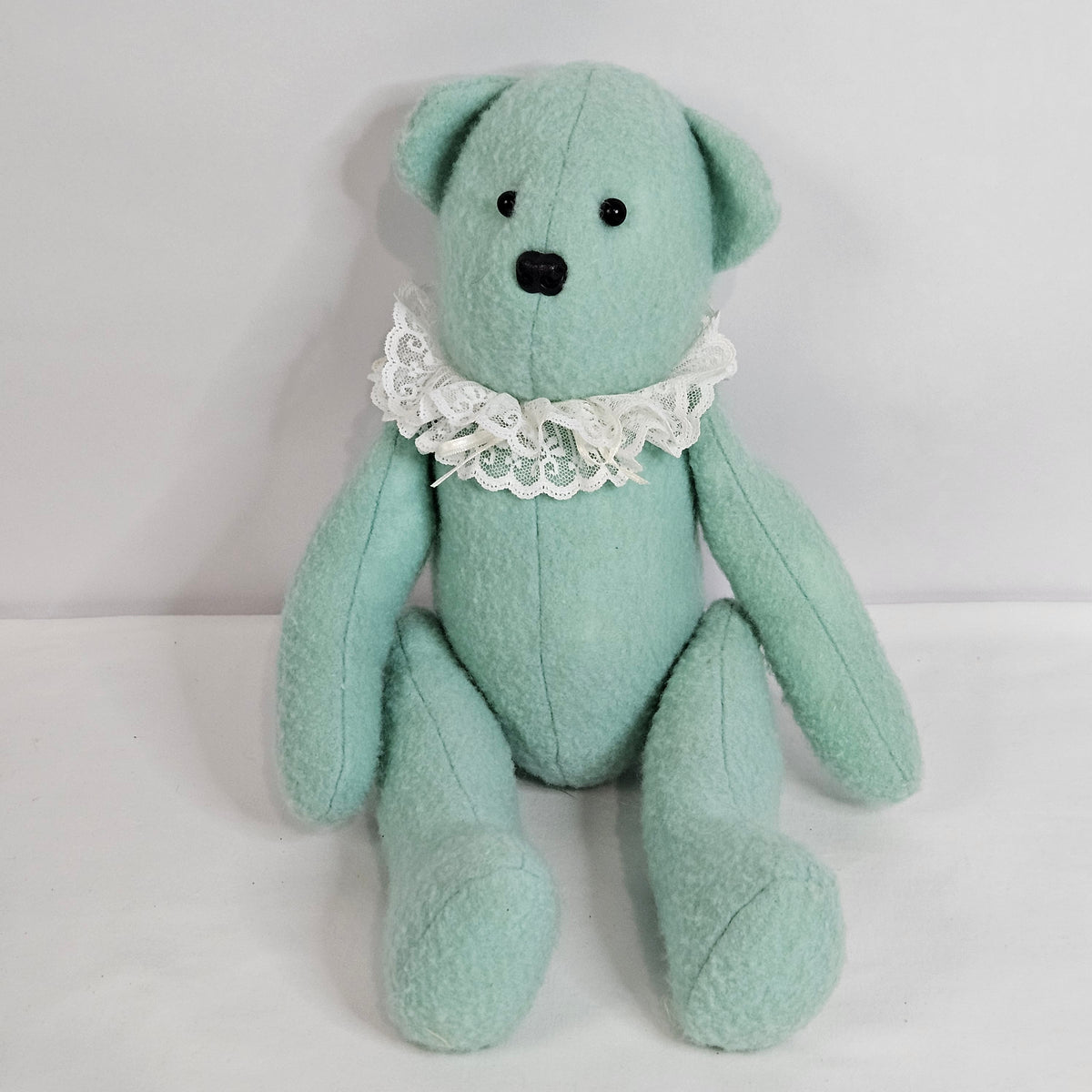 Handmade Vintage Jointed Teddy Bear, Light Blue Green color with lace collar