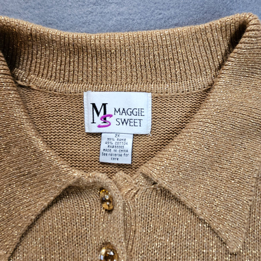 Maggie Sweet long-sleeve sweater with button-up collar, metallic thread accents