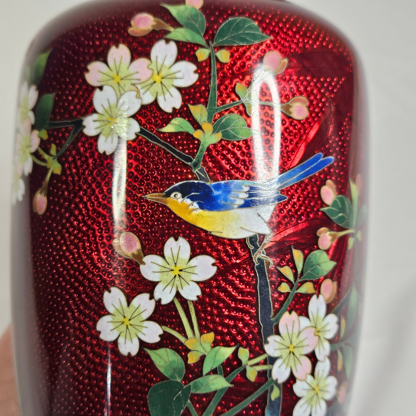 Vintage Japanese ginbari cloisonné vase, pigeon blood red enamel, 7"