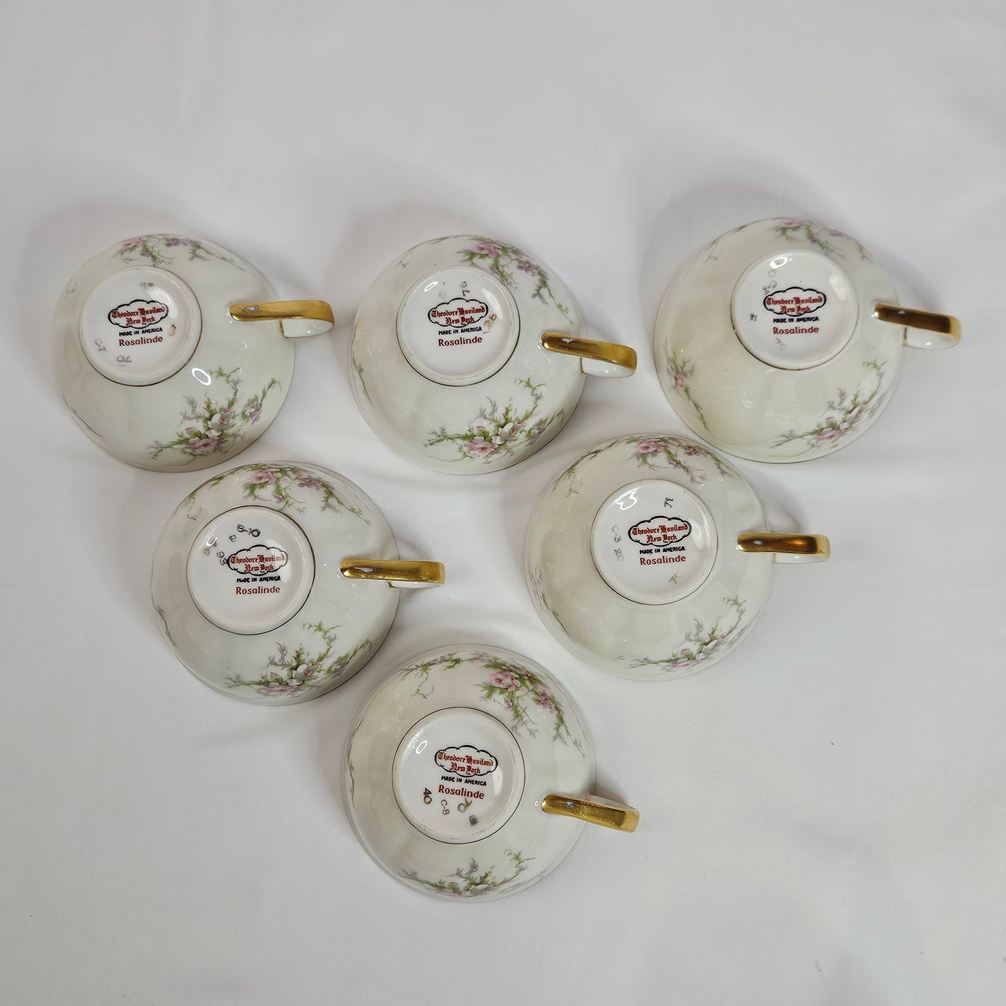 Haviland New York Rosalinde cups, cream floral with gold trim, made in America, set of 6