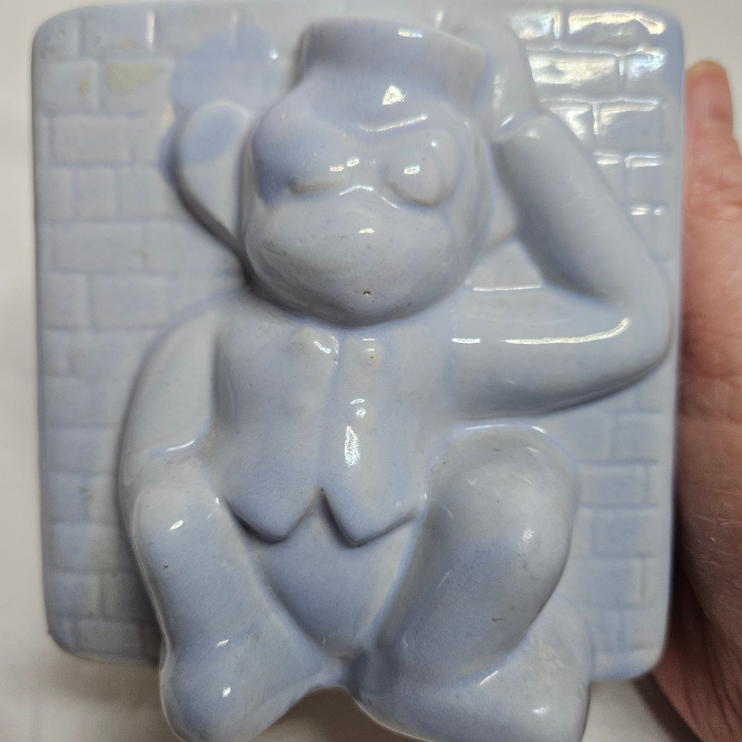 Vintage Niloak Circus Monkey planter, light blue, 4" tall