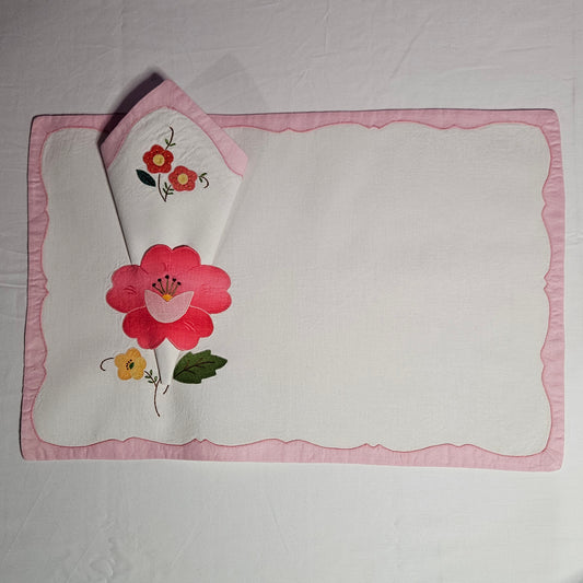 Vintage Placemat and Napkin set, appliqué pink flower and embroidery, 4 each