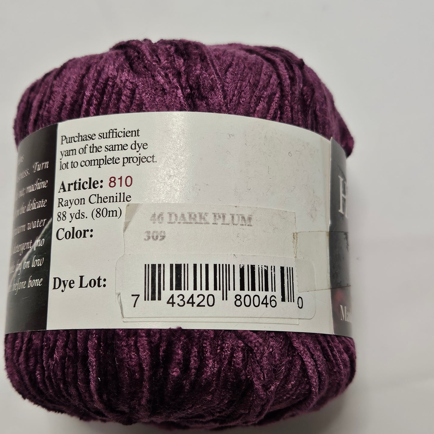 Honeysuckle Yarns, Dark Plum Rayon Chenile yarn, 88 yards, EPI