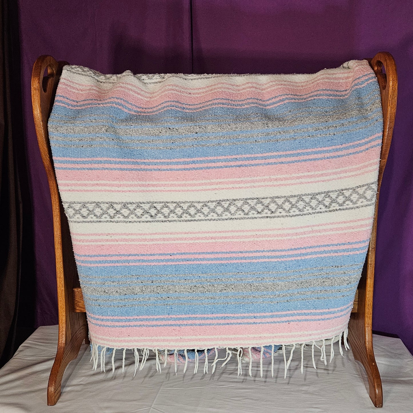 Pink and blue pastel heavy woven Mexican blanket 70" x 52"
