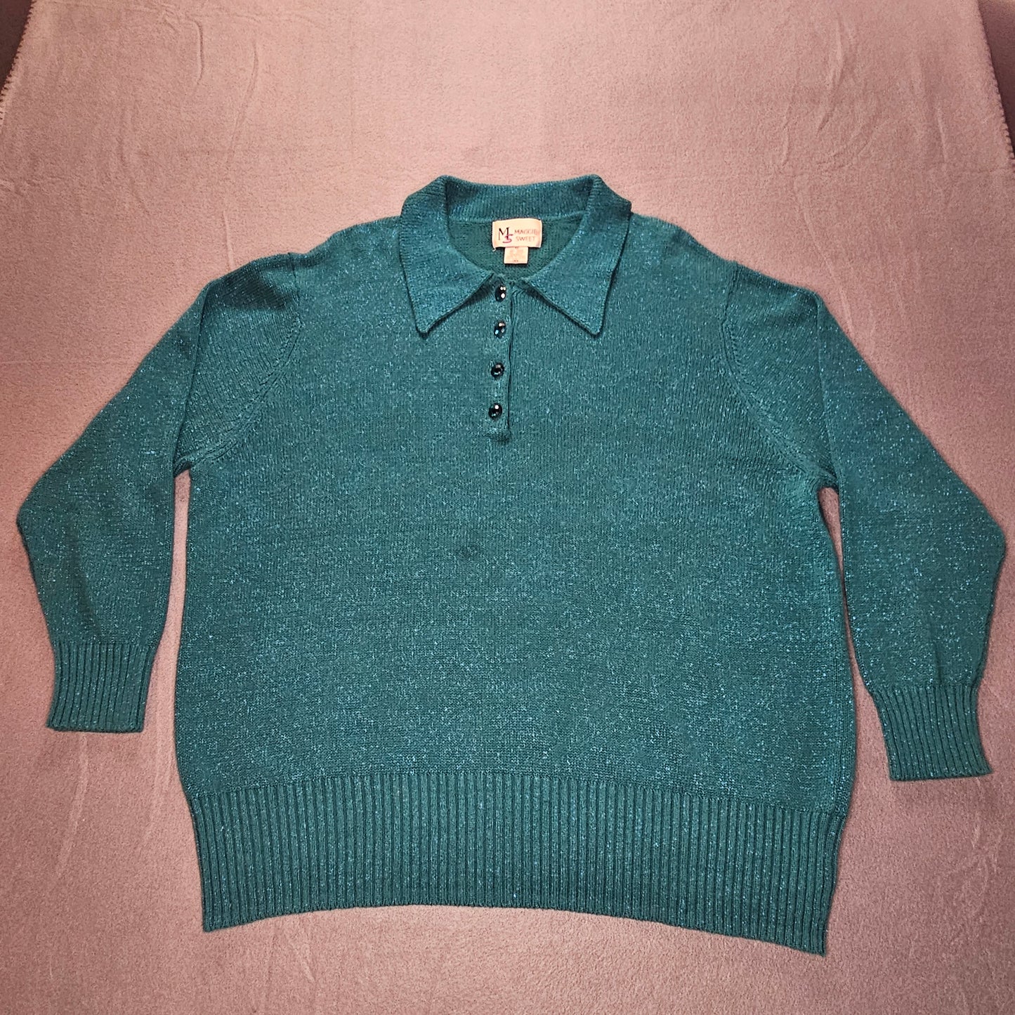 Maggie Sweet long-sleeve sweater with button-up collar, metallic thread accents