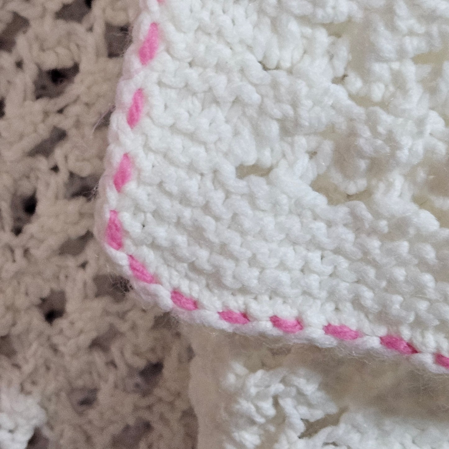 Handmade crochet blanket, lacy white stitch with flower embellishments, 58" x 51"
