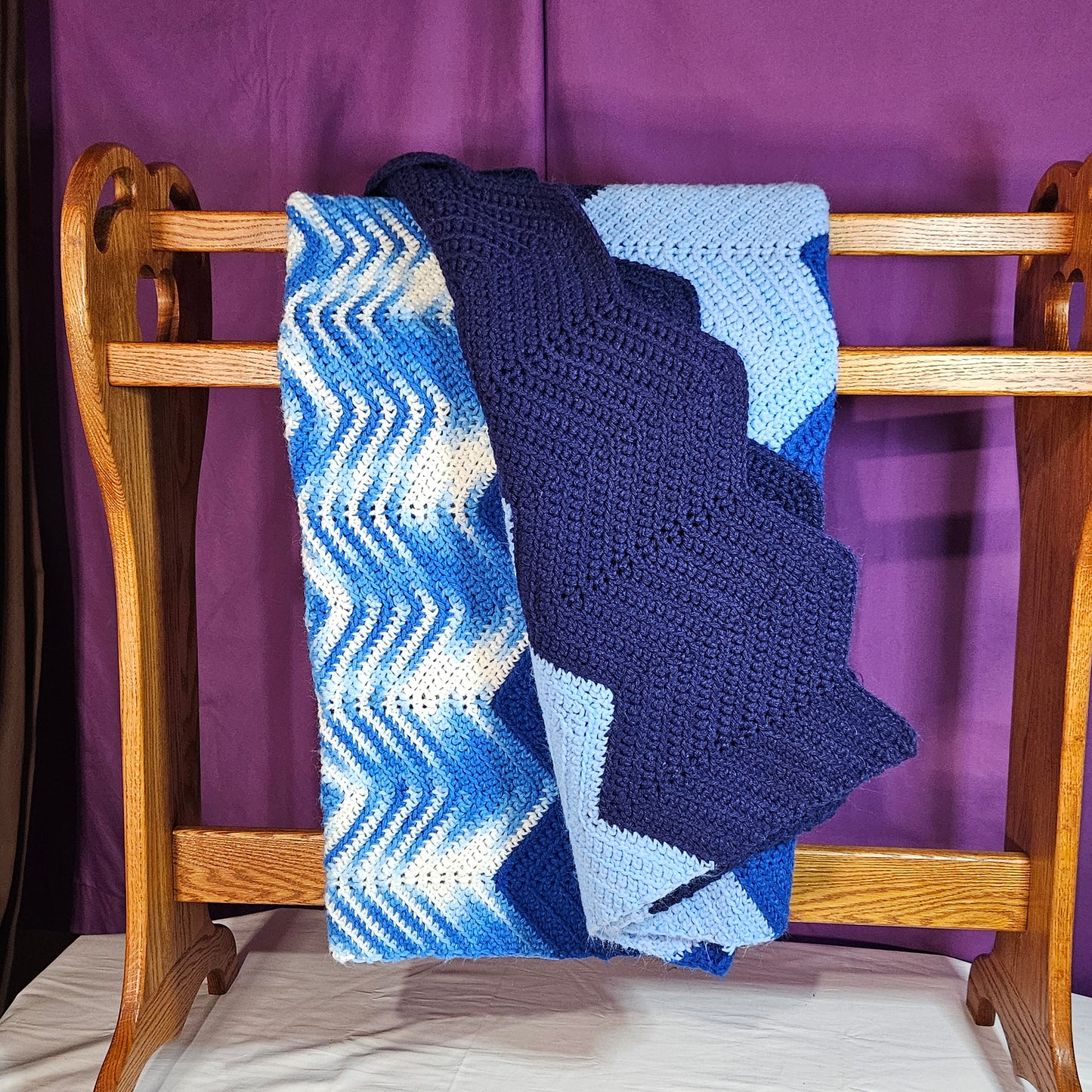 Handmade, large crochet blanket, blue ripple stitch stripes, 71" x 40"