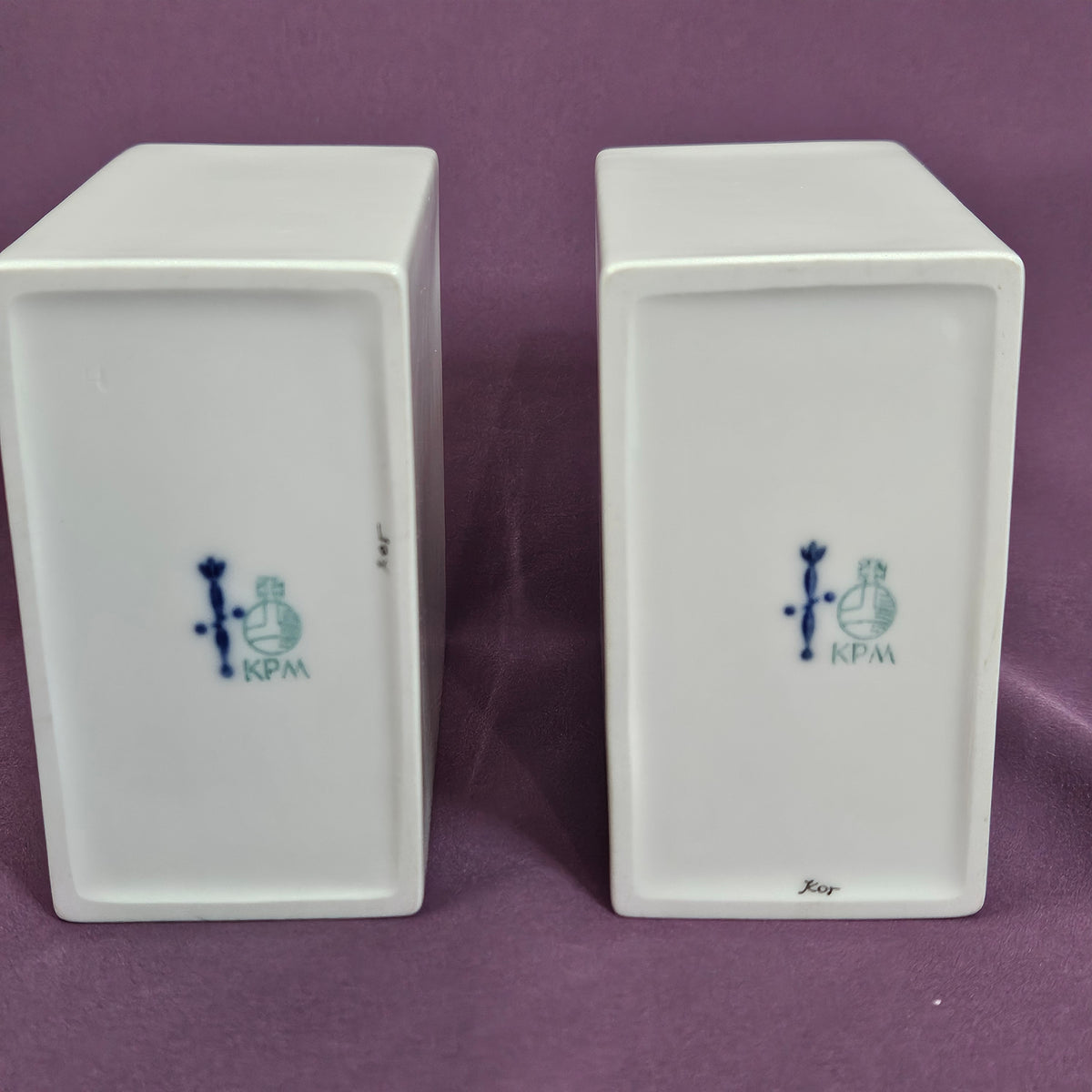 Vintage KPM Cadre small square vases with gold trim, pair