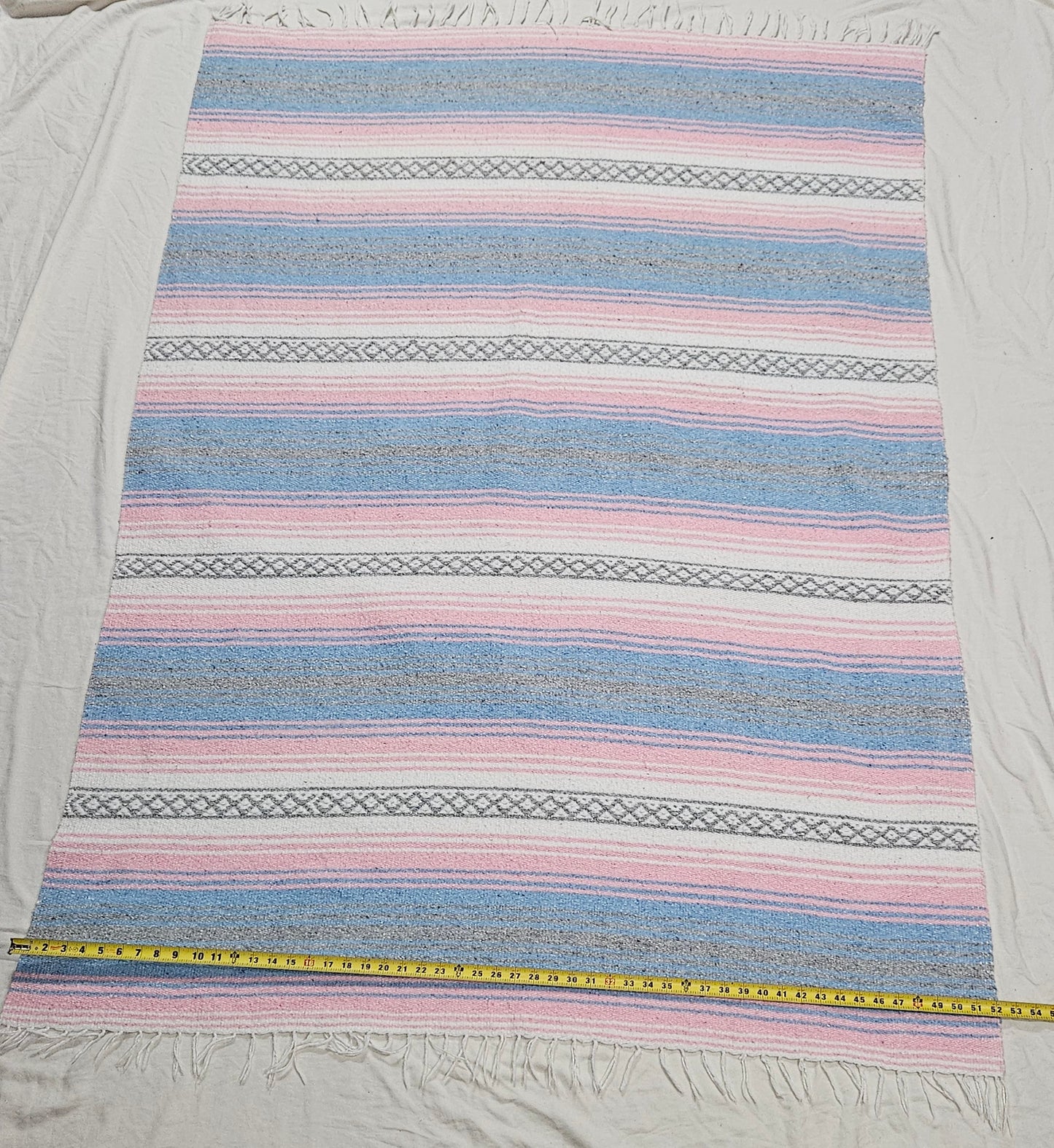 Pink and blue pastel heavy woven Mexican blanket 70" x 52"
